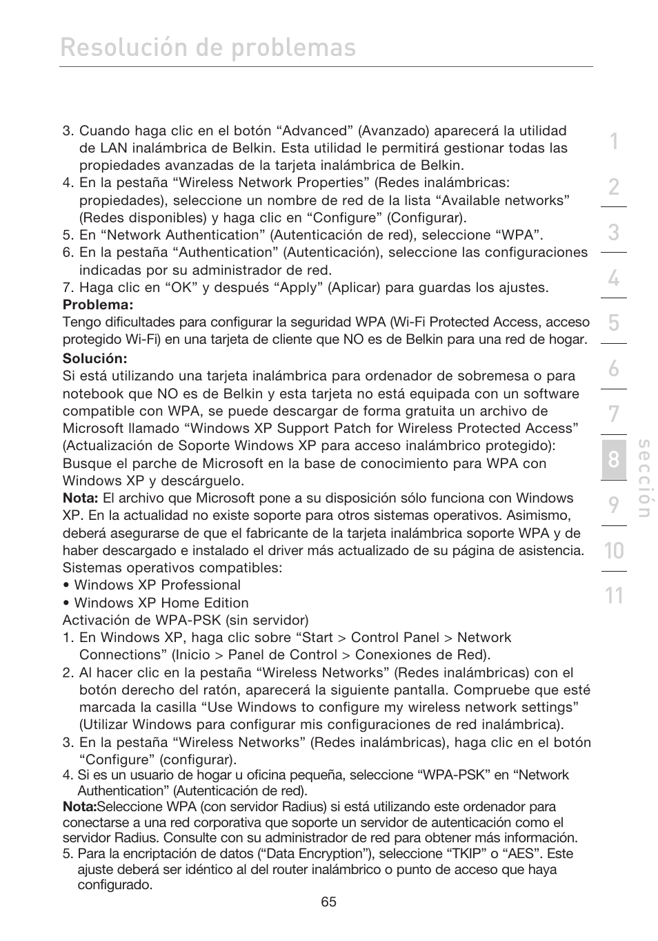 Resolución de problemas, Se cc ió n | Belkin F5D7632EA4A User Manual | Page 403 / 504