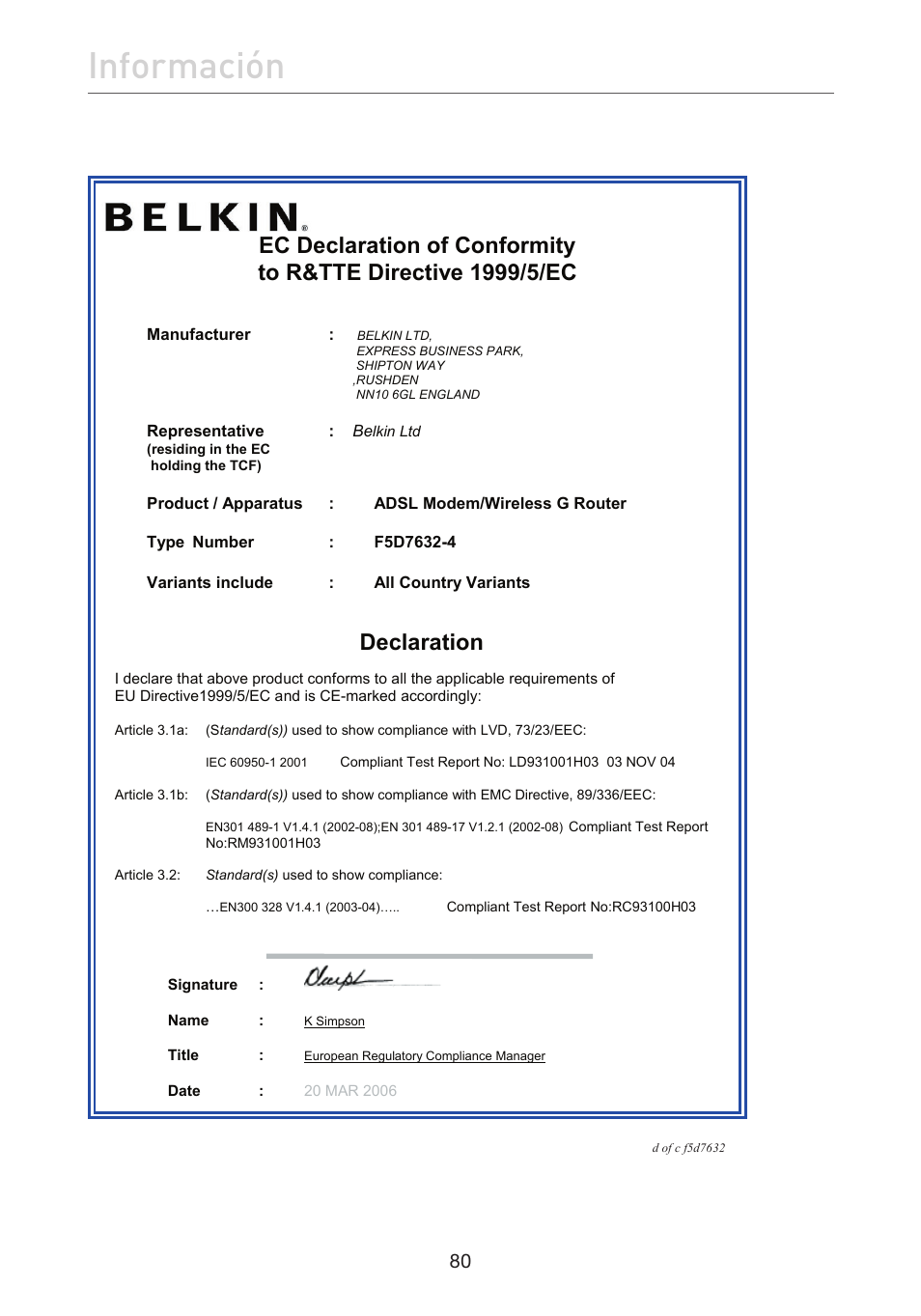 Información, Declaration | Belkin F5D7632EA4A User Manual | Page 418 / 504
