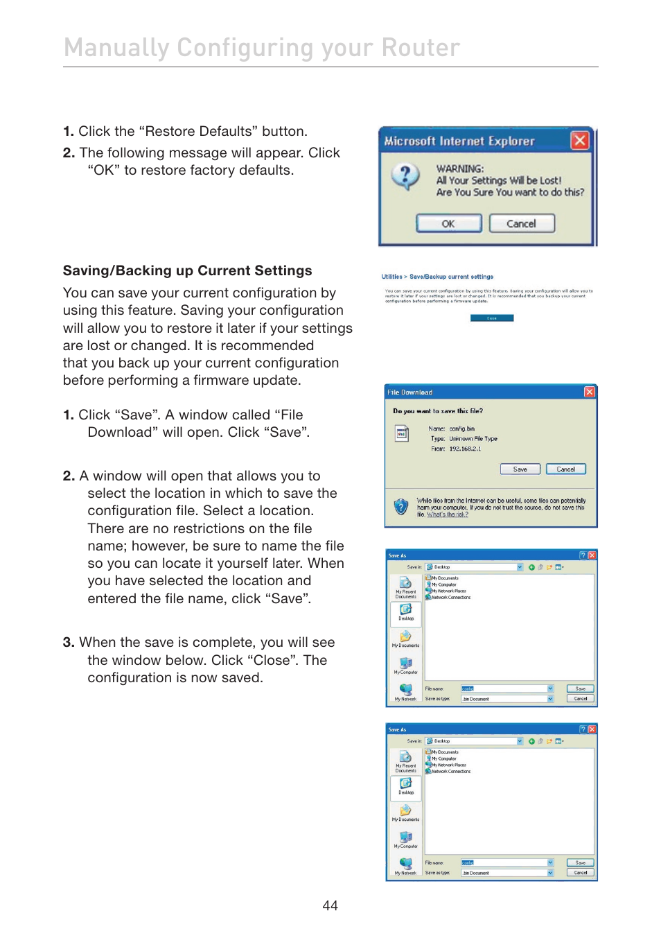 Manually configuring your router | Belkin F5D7632EA4A User Manual | Page 46 / 504