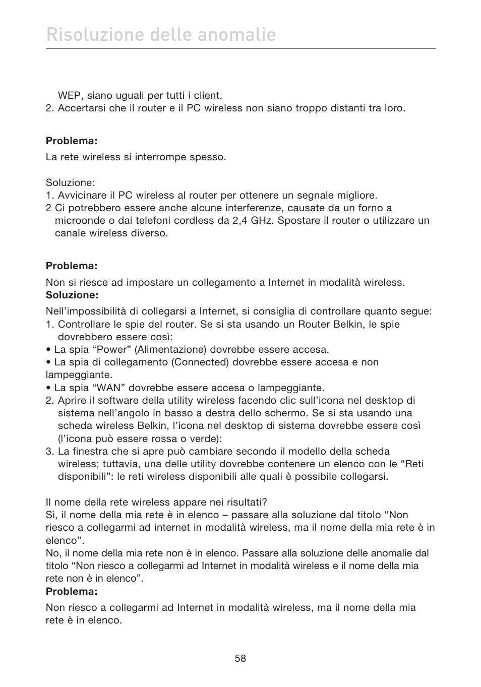 Risoluzione delle anomalie | Belkin F5D7632EA4A User Manual | Page 479 / 504