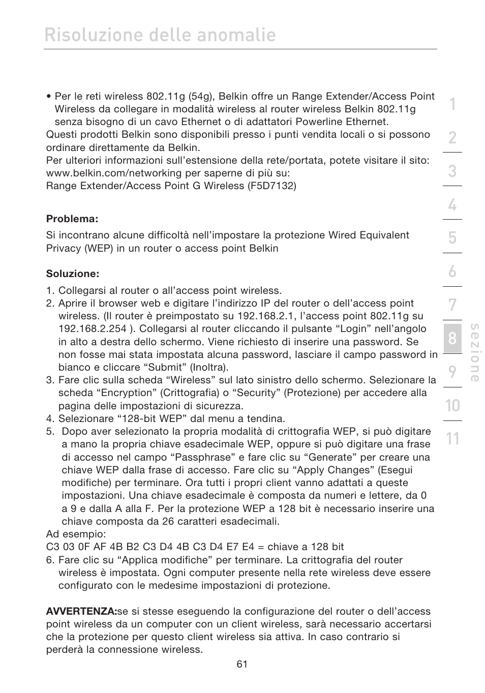 Risoluzione delle anomalie, Se zio n e | Belkin F5D7632EA4A User Manual | Page 482 / 504