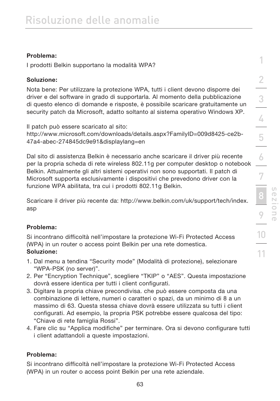 Risoluzione delle anomalie, Se zio n e | Belkin F5D7632EA4A User Manual | Page 484 / 504