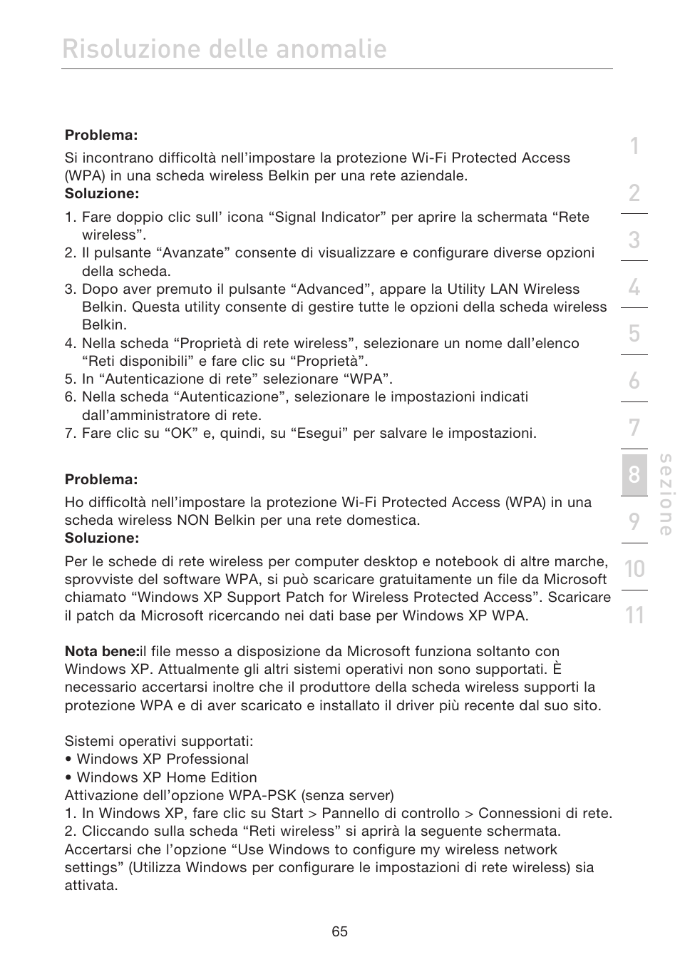 Risoluzione delle anomalie, Se zio n e | Belkin F5D7632EA4A User Manual | Page 486 / 504