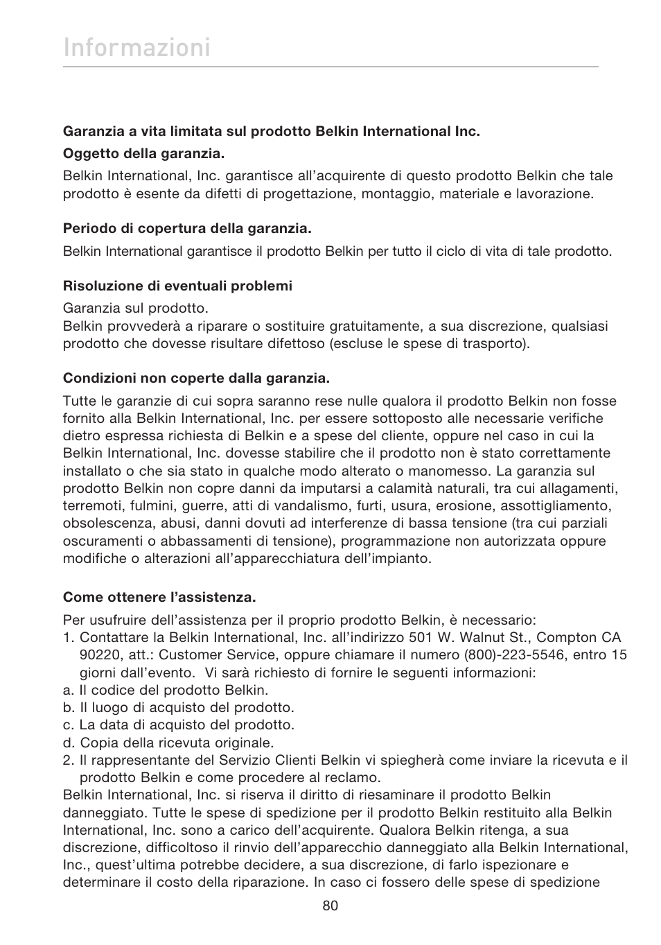 Informazioni | Belkin F5D7632EA4A User Manual | Page 501 / 504