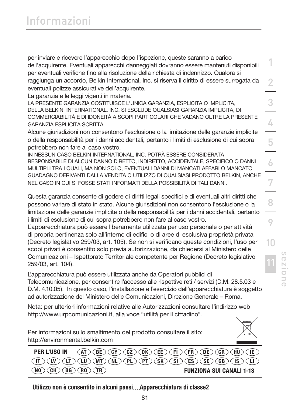 Informazioni, Se zio n e | Belkin F5D7632EA4A User Manual | Page 502 / 504