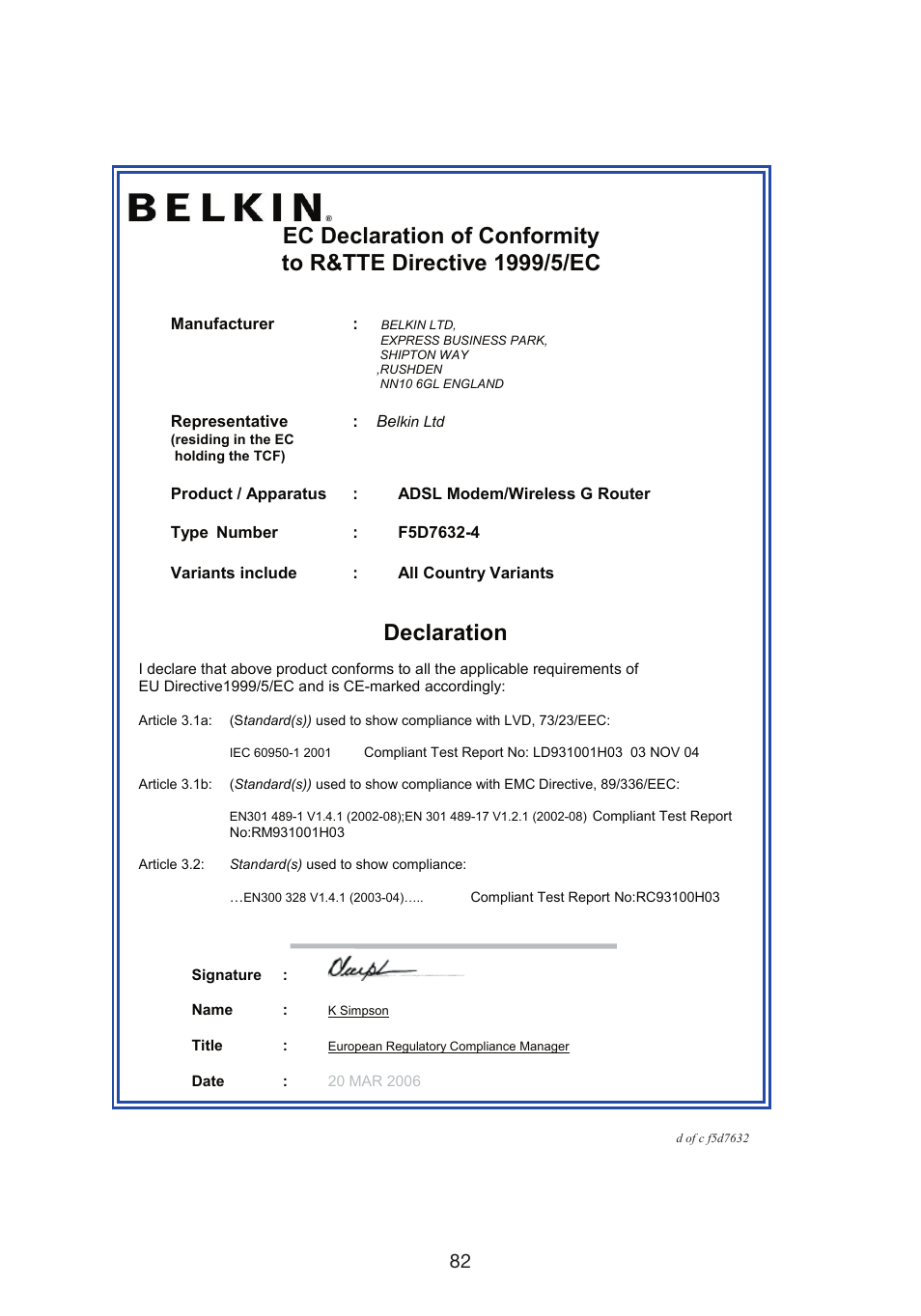 Declaration | Belkin F5D7632EA4A User Manual | Page 503 / 504