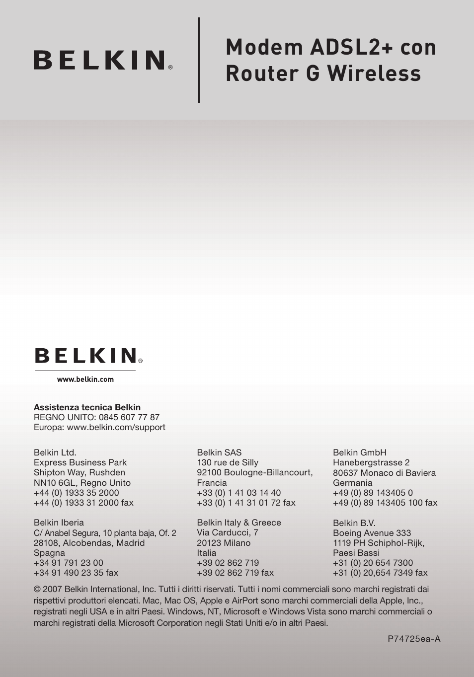 Modem adsl2+ con router g wireless | Belkin F5D7632EA4A User Manual | Page 504 / 504