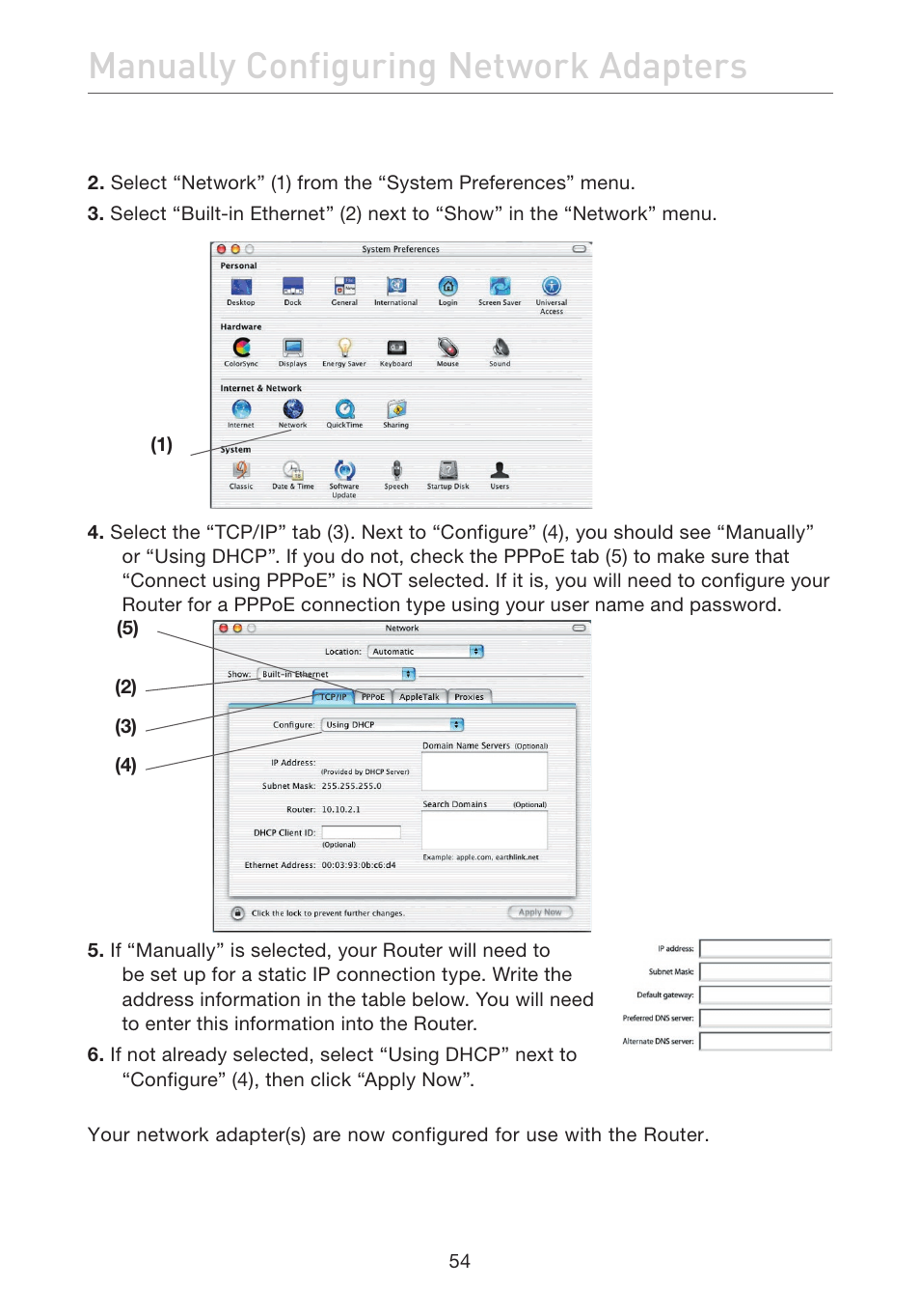 Manually configuring network adapters | Belkin F5D7632EA4A User Manual | Page 56 / 504