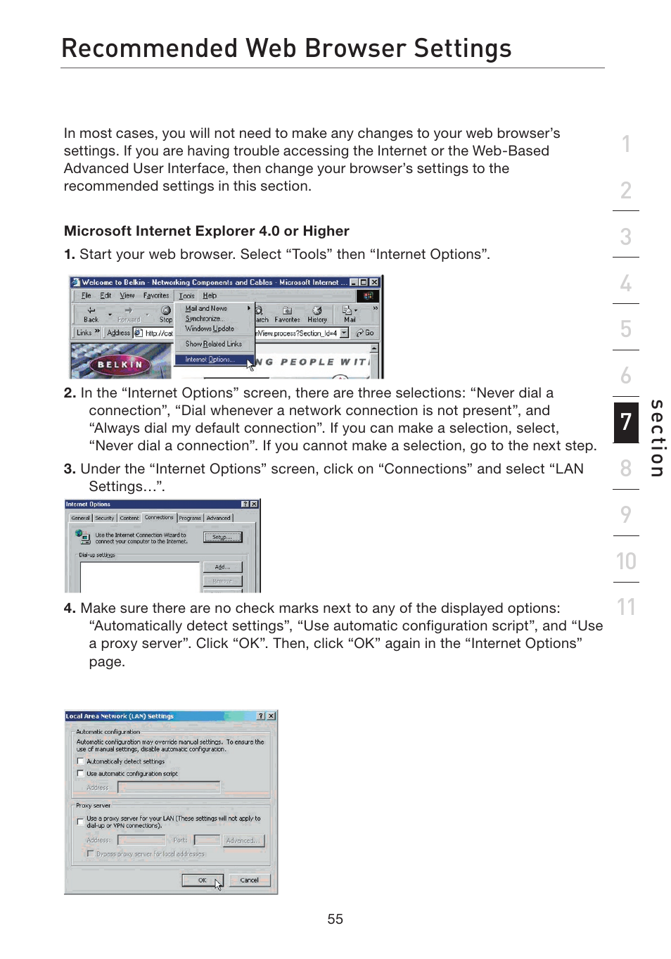 Recommended web browser settings | Belkin F5D7632EA4A User Manual | Page 57 / 504