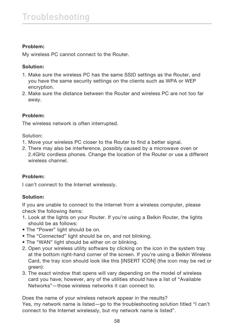 Troubleshooting | Belkin F5D7632EA4A User Manual | Page 60 / 504