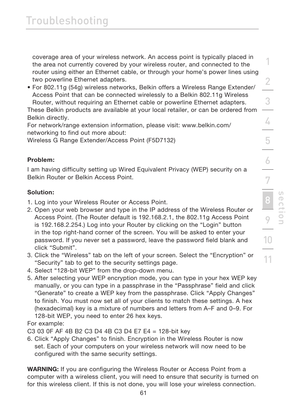 Troubleshooting, Se ct io n | Belkin F5D7632EA4A User Manual | Page 63 / 504