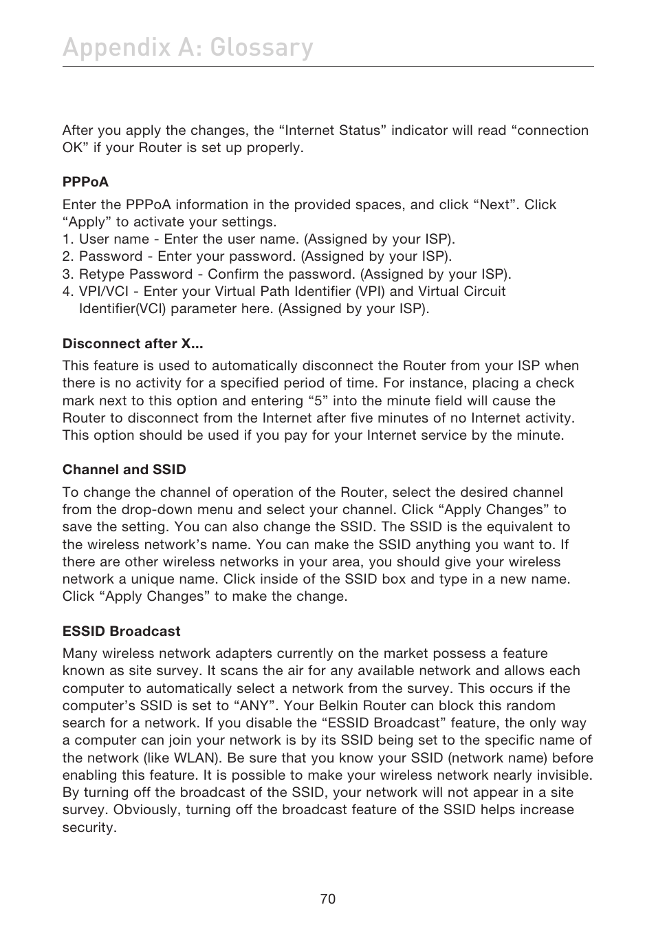 Appendix a: glossary | Belkin F5D7632EA4A User Manual | Page 72 / 504