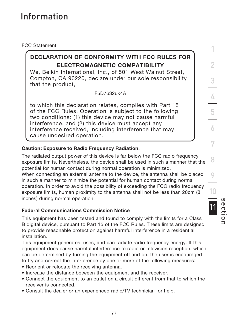 Information, Se ct io n | Belkin F5D7632EA4A User Manual | Page 79 / 504