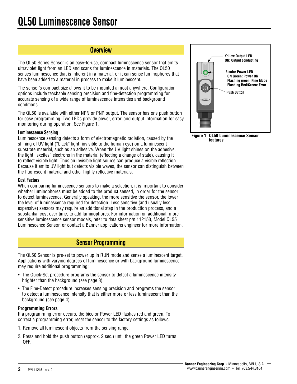 Ql50 luminescence sensor, Overview, Sensor programming | Banner QL50 Series User Manual | Page 2 / 8