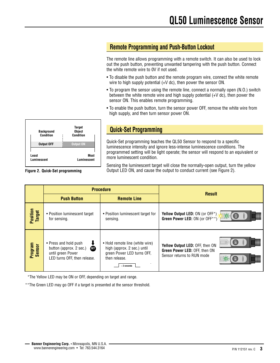 Ql50 luminescence sensor, Remote programming and push-button lockout, Quick-set programming | Banner QL50 Series User Manual | Page 3 / 8