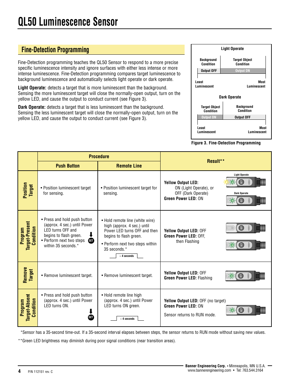 Ql50 luminescence sensor, Fine-detection programming | Banner QL50 Series User Manual | Page 4 / 8