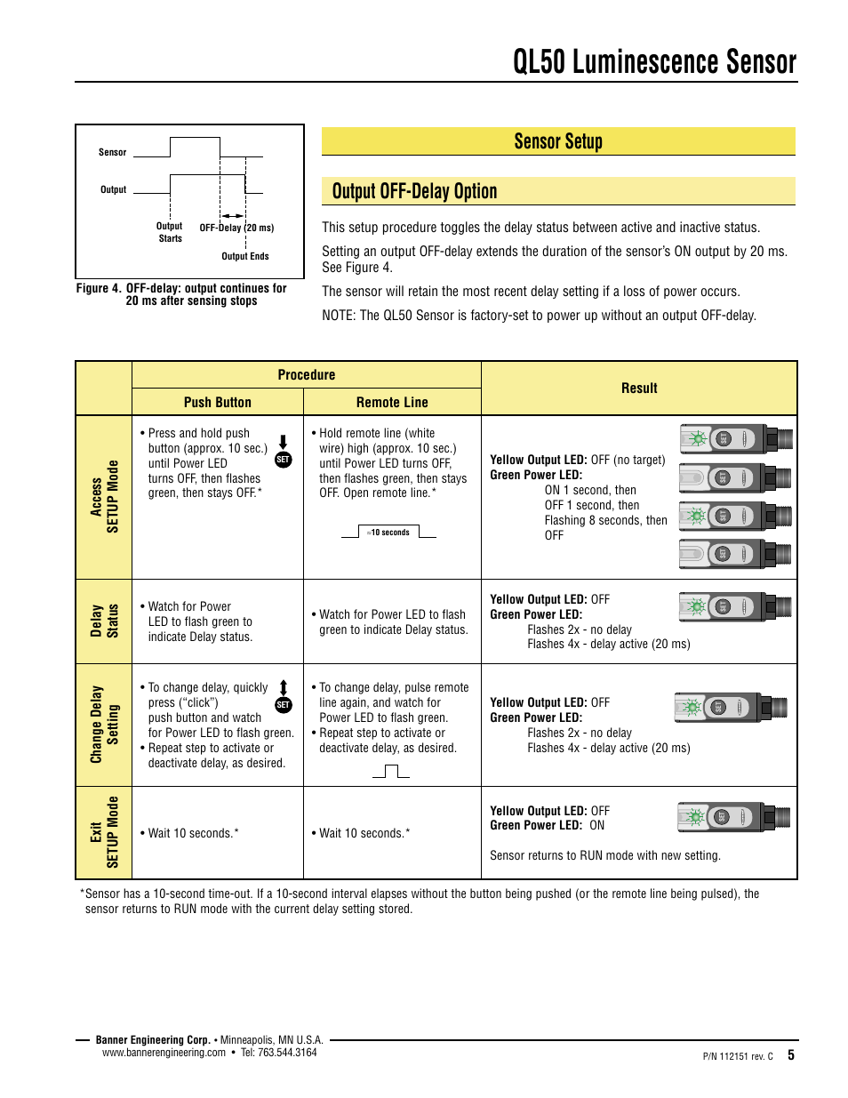 Ql50 luminescence sensor, Sensor setup output off-delay option | Banner QL50 Series User Manual | Page 5 / 8