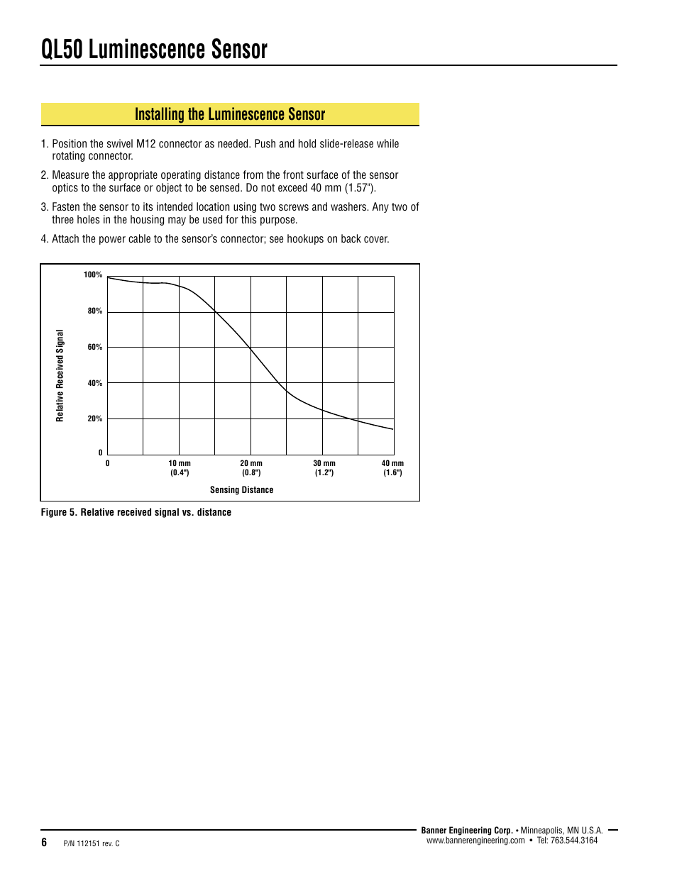 Ql50 luminescence sensor, Installing the luminescence sensor | Banner QL50 Series User Manual | Page 6 / 8