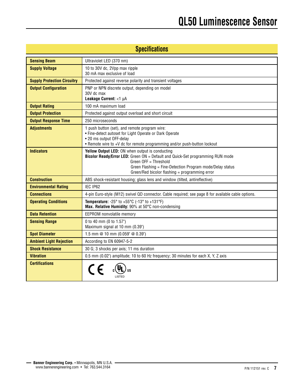 Ql50 luminescence sensor, Specifications | Banner QL50 Series User Manual | Page 7 / 8