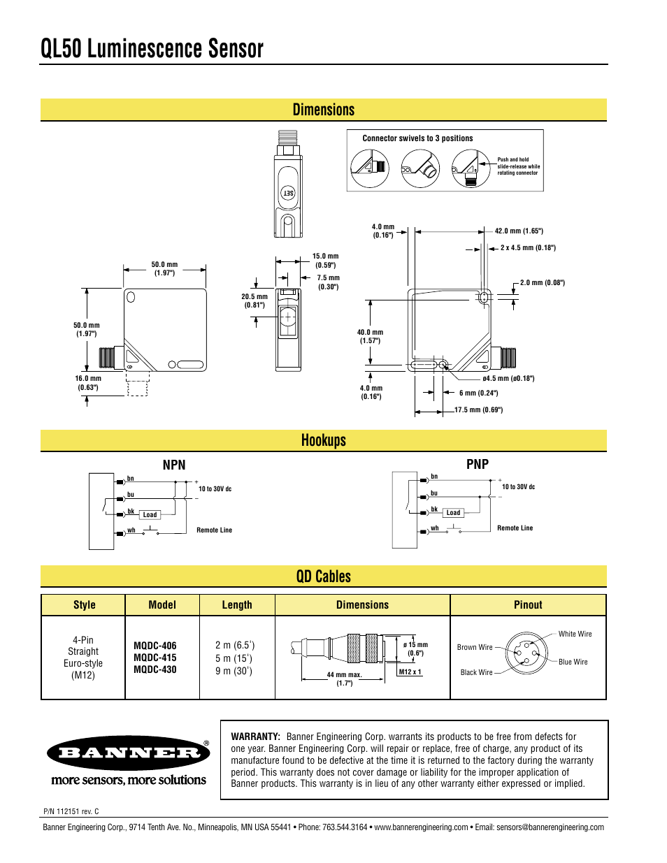 Ql50 luminescence sensor, Hookups qd cables, Dimensions | Banner QL50 Series User Manual | Page 8 / 8