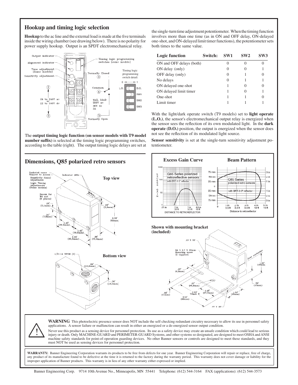 Hookup and timing logic selection, Dimensions, q85 polarized retro sensors | Banner Q85 Series User Manual | Page 2 / 2