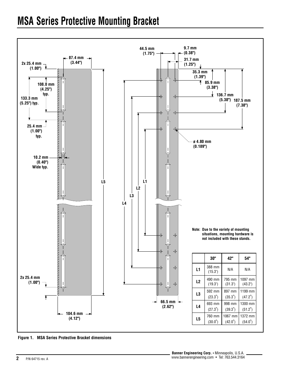 Msa series protective mounting bracket | Banner MSA Series Protective Mounting Stands User Manual | Page 2 / 4