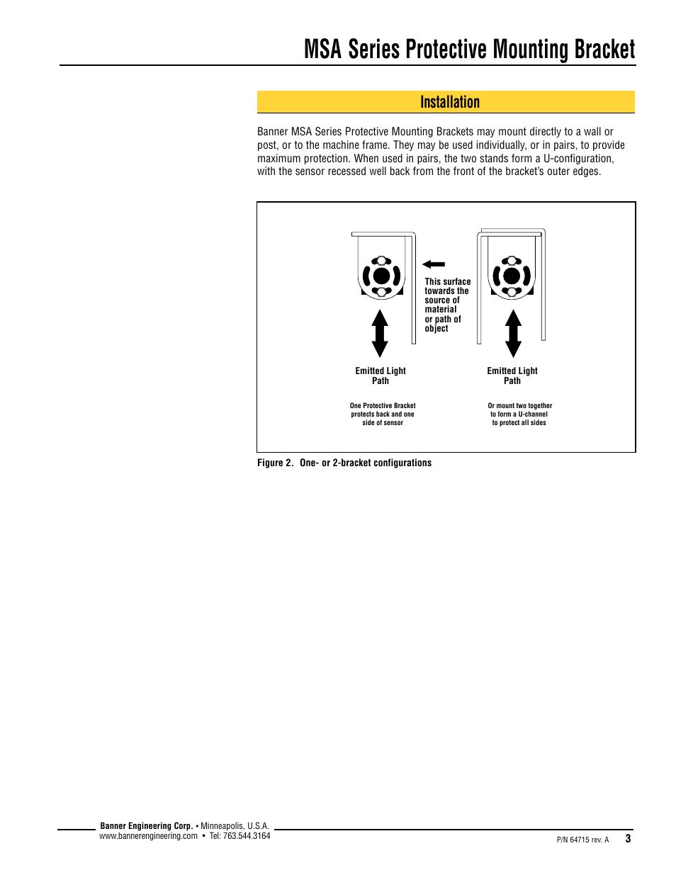 Msa series protective mounting bracket, Installation | Banner MSA Series Protective Mounting Stands User Manual | Page 3 / 4