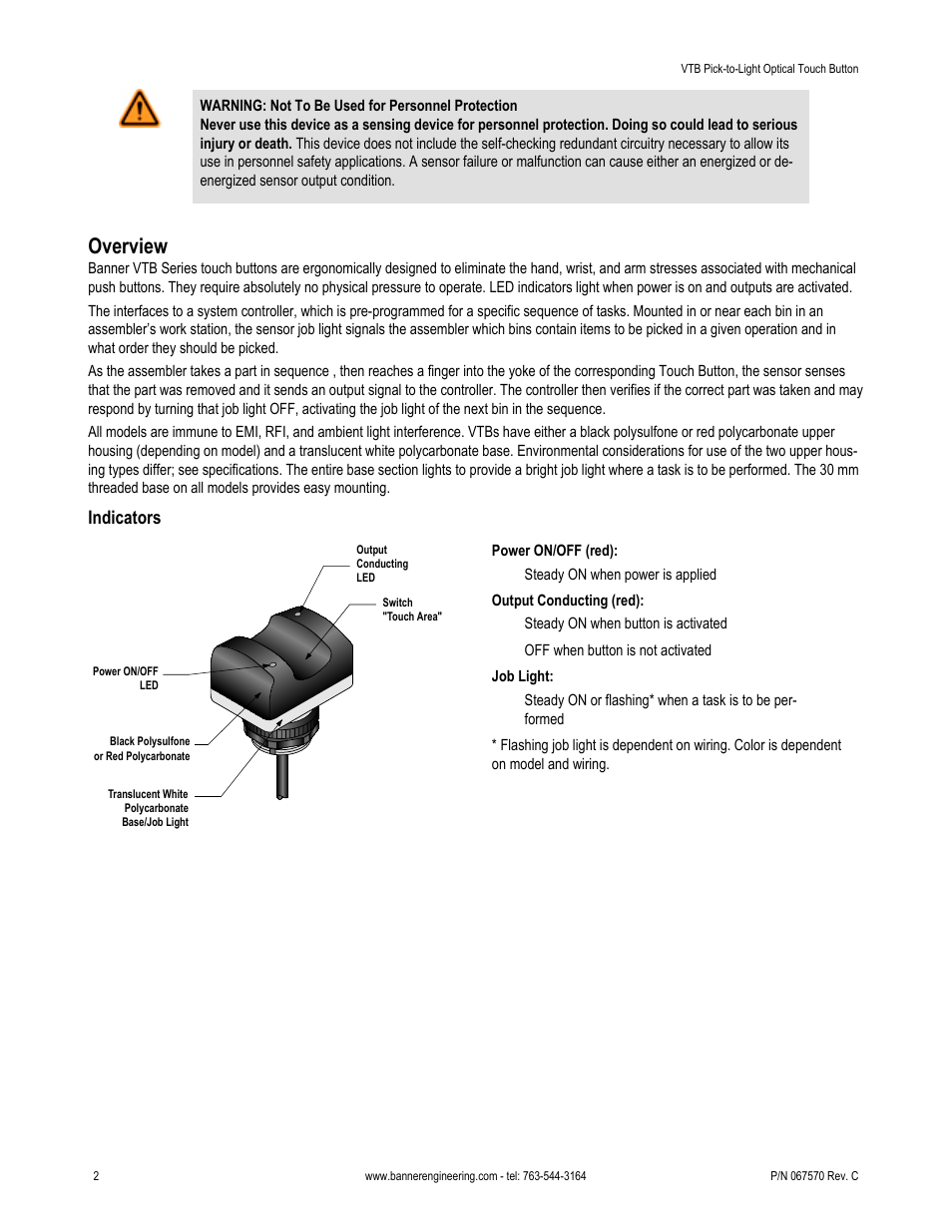 Overview, Indicators | Banner VTB Verification Touch Buttons User Manual | Page 2 / 8