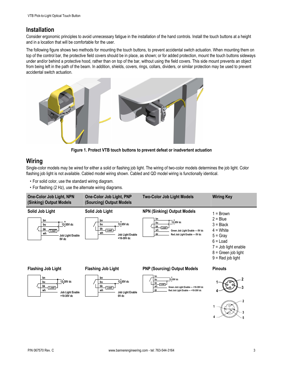 Installation, Wiring | Banner VTB Verification Touch Buttons User Manual | Page 3 / 8