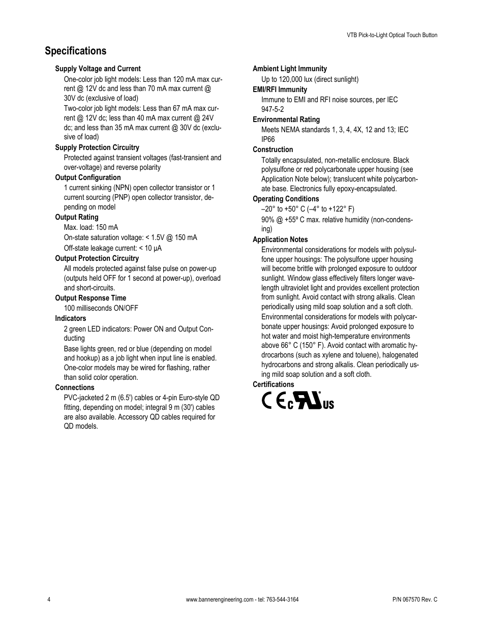 Specifications | Banner VTB Verification Touch Buttons User Manual | Page 4 / 8
