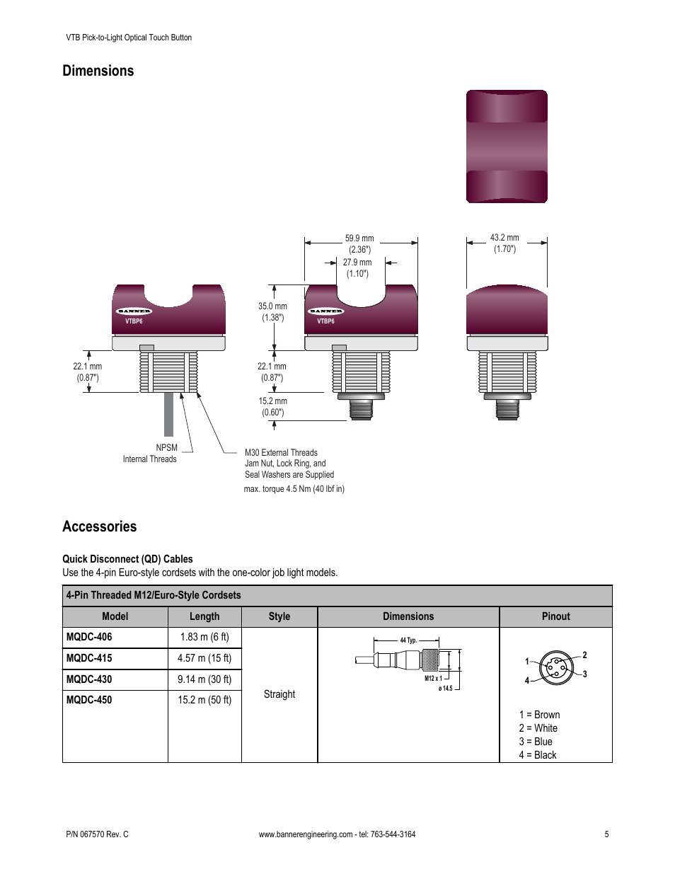 Dimensions, Accessories | Banner VTB Verification Touch Buttons User Manual | Page 5 / 8