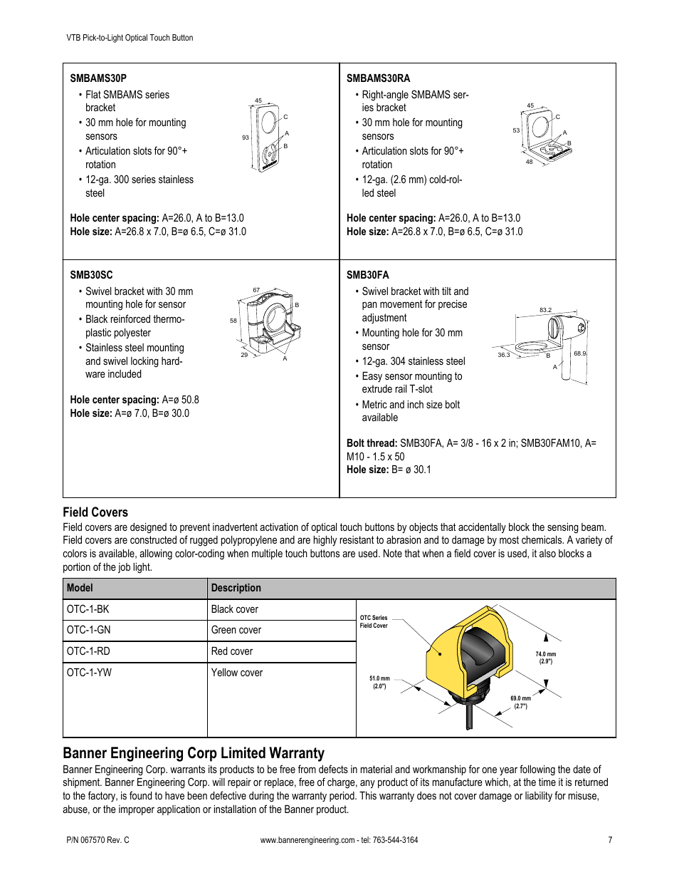 Banner engineering corp limited warranty, Field covers | Banner VTB Verification Touch Buttons User Manual | Page 7 / 8