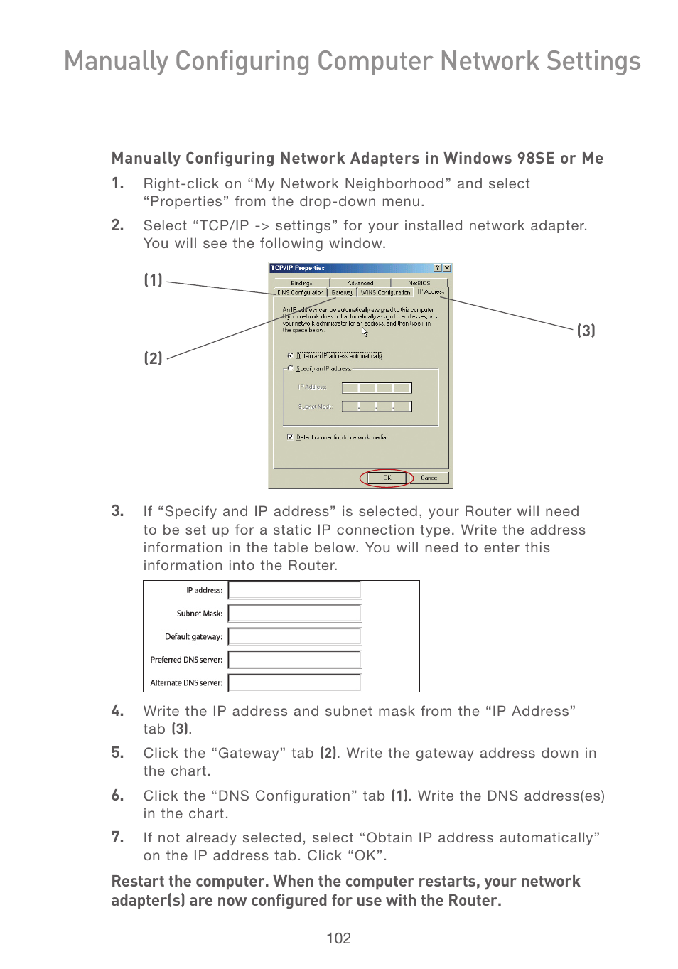 Manually configuring computer network settings, Se ct io n | Belkin F5D7231-4P User Manual | Page 104 / 146