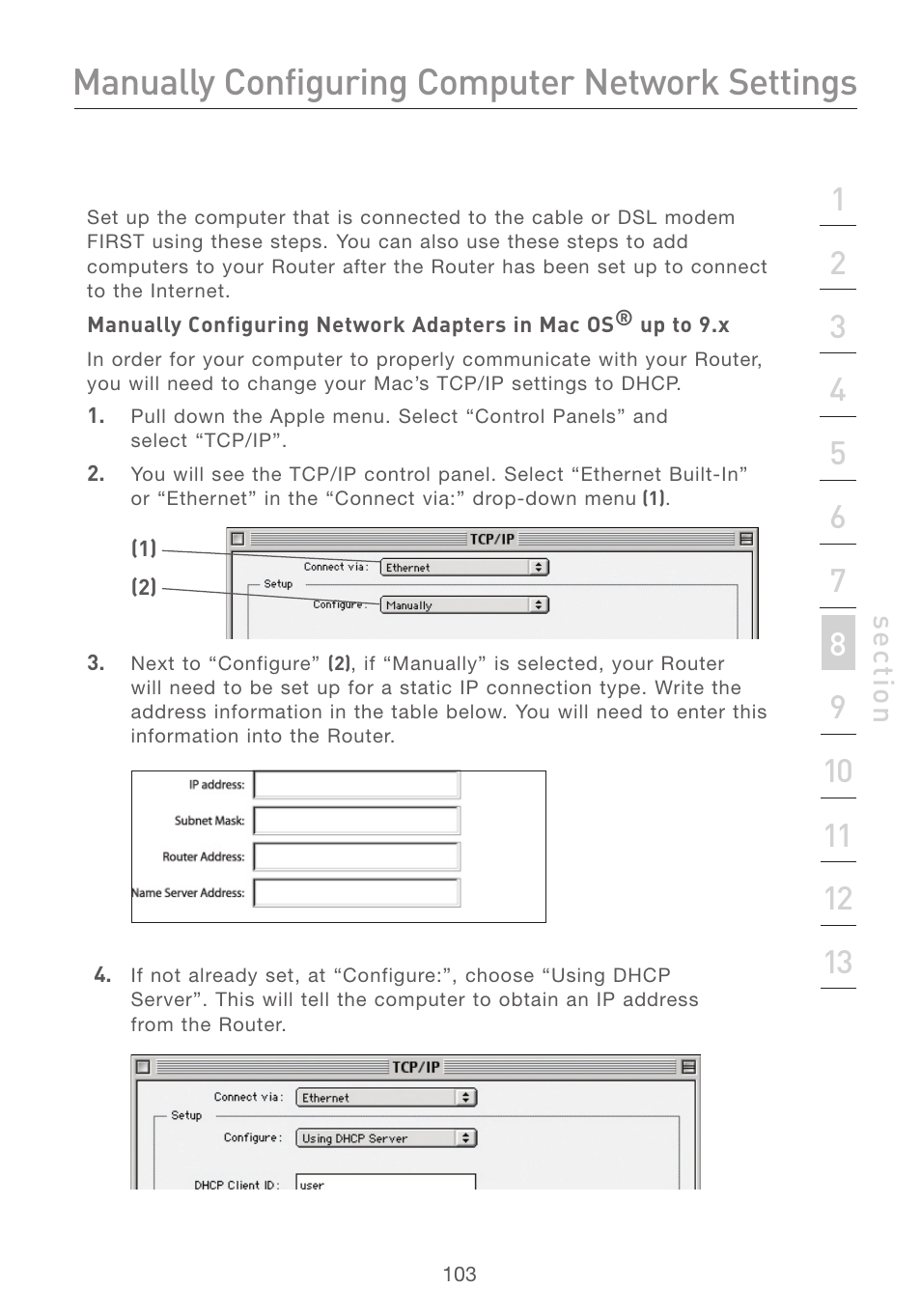 Manually configuring computer network settings, Se ct io n | Belkin F5D7231-4P User Manual | Page 105 / 146