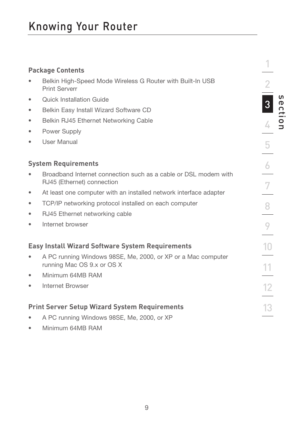 Product overview knowing your router, Se ct io n | Belkin F5D7231-4P User Manual | Page 11 / 146