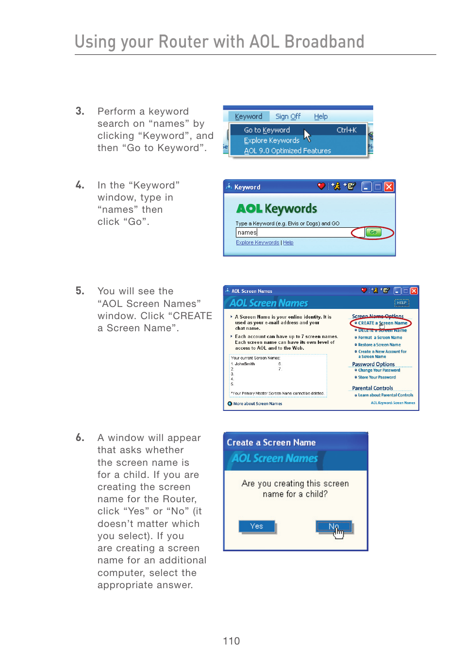 Using your router with aol broadband | Belkin F5D7231-4P User Manual | Page 112 / 146