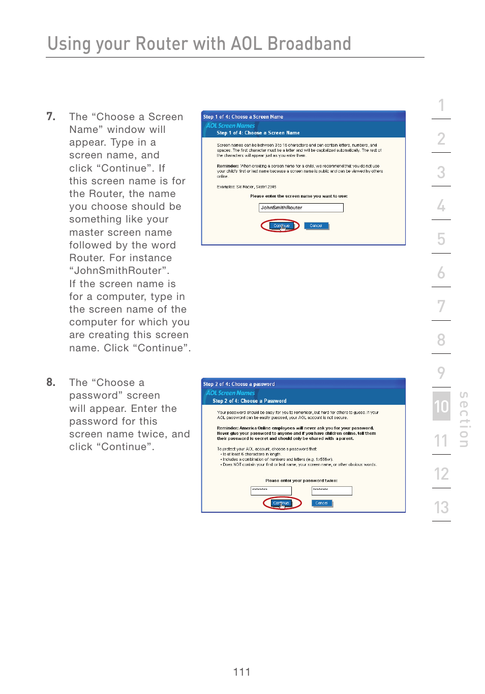 Using your router with aol broadband | Belkin F5D7231-4P User Manual | Page 113 / 146