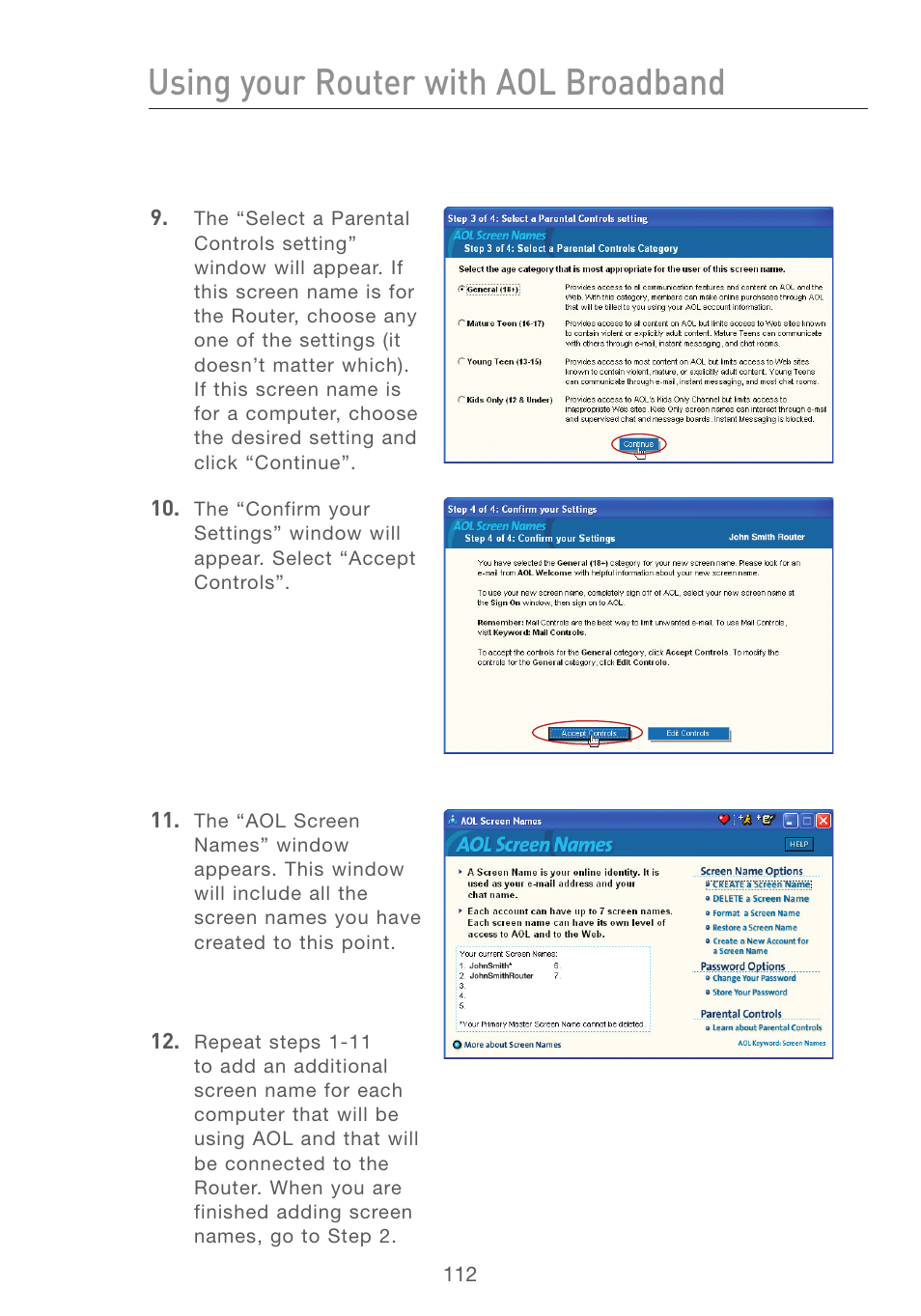 Using your router with aol broadband | Belkin F5D7231-4P User Manual | Page 114 / 146