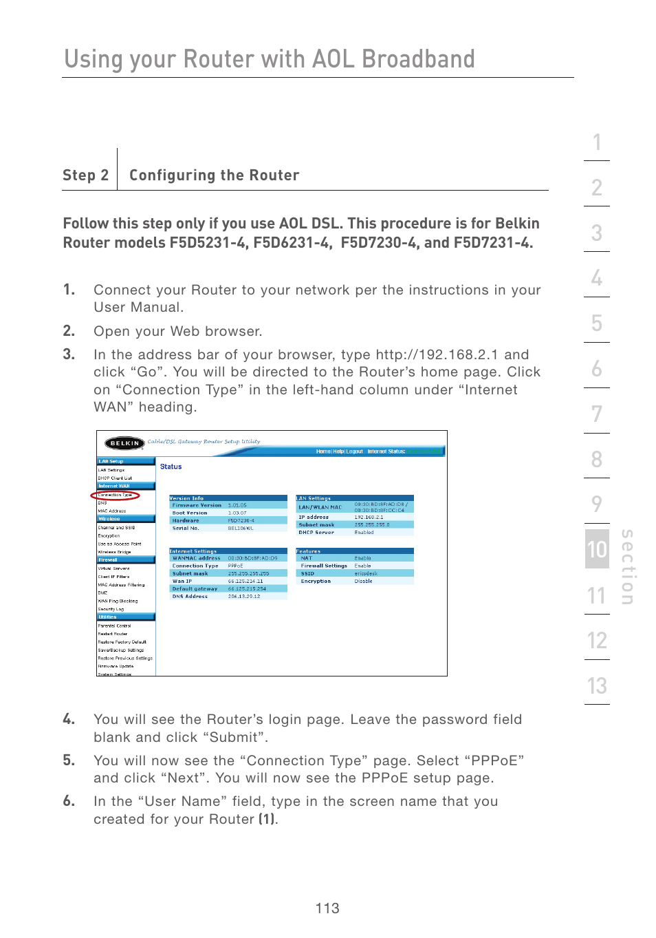 Using your router with aol broadband | Belkin F5D7231-4P User Manual | Page 115 / 146