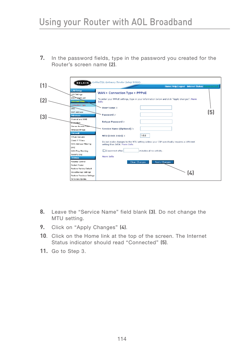 Using your router with aol broadband | Belkin F5D7231-4P User Manual | Page 116 / 146