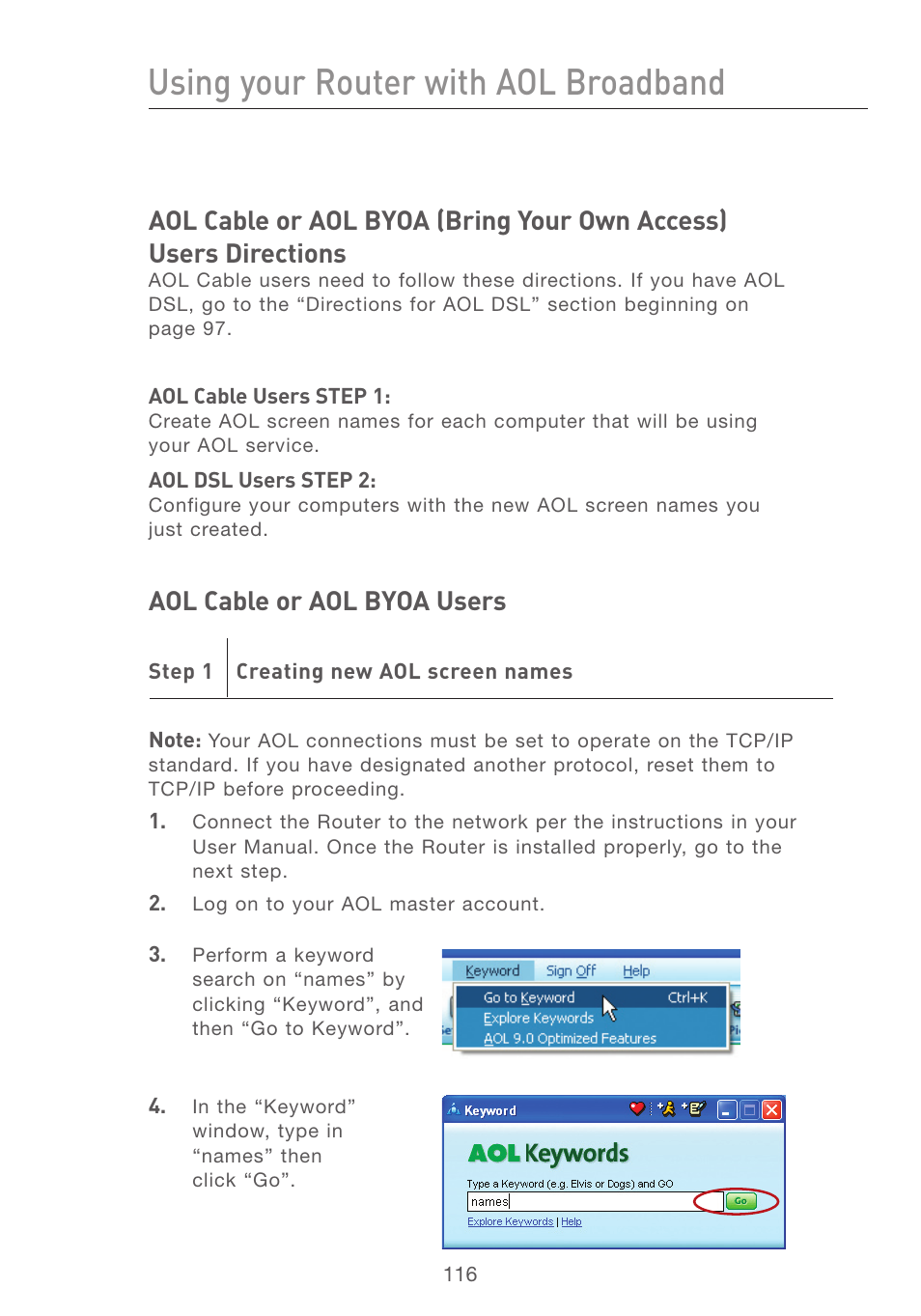 Using your router with aol broadband, Se ct io n | Belkin F5D7231-4P User Manual | Page 118 / 146