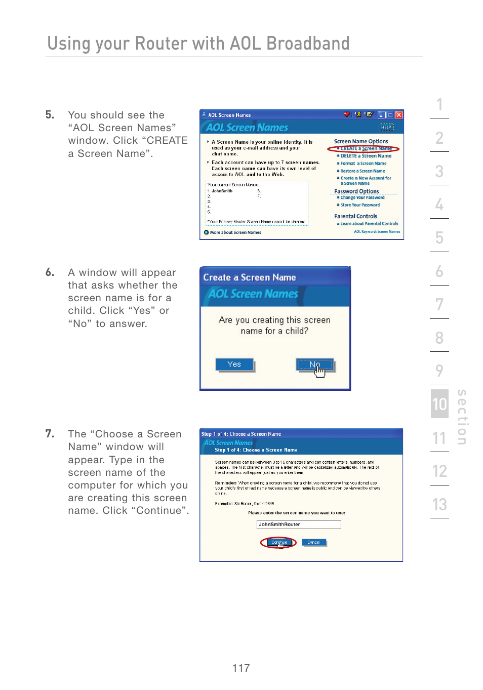 Using your router with aol broadband | Belkin F5D7231-4P User Manual | Page 119 / 146