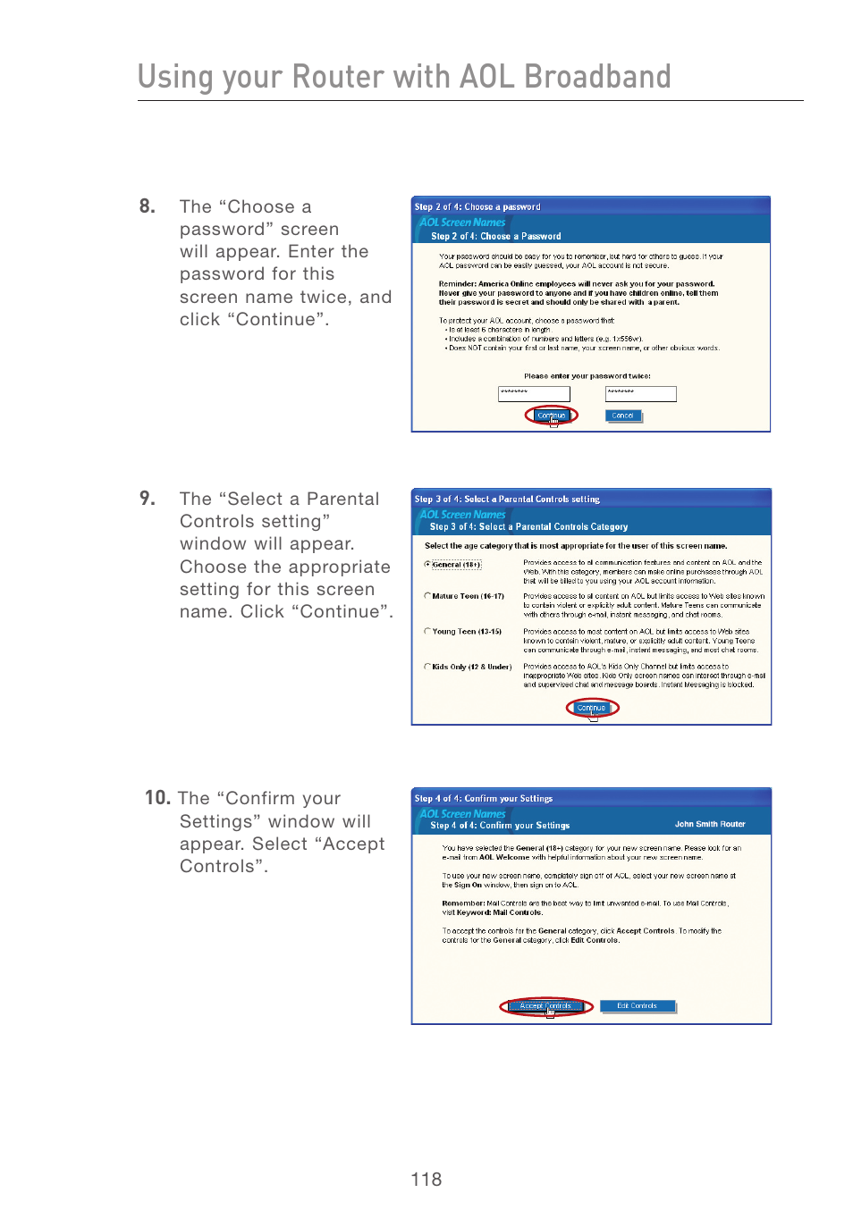 Using your router with aol broadband | Belkin F5D7231-4P User Manual | Page 120 / 146