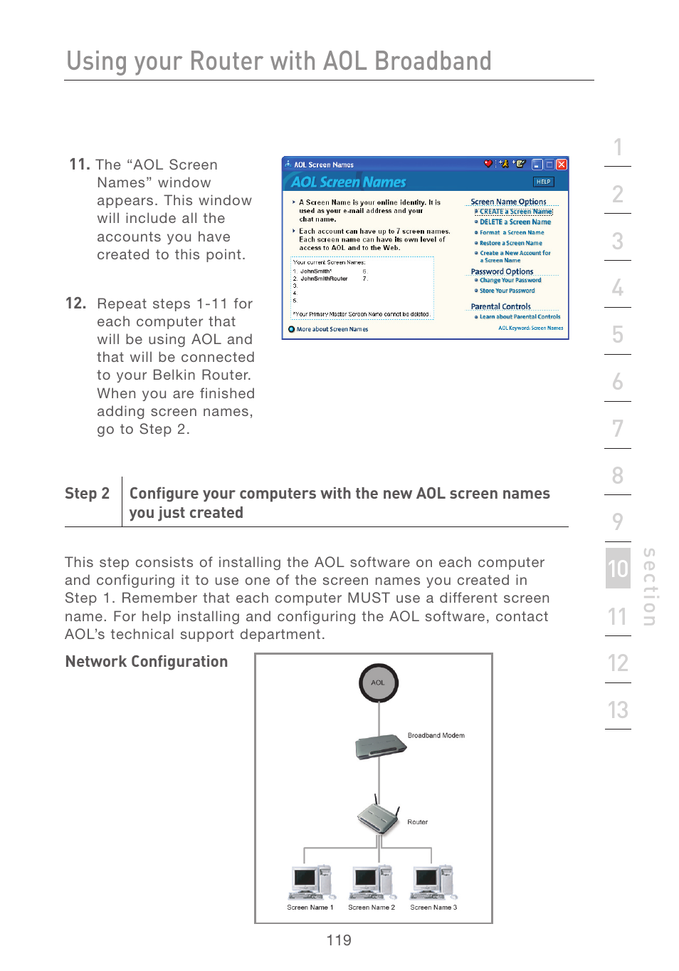 Using your router with aol broadband | Belkin F5D7231-4P User Manual | Page 121 / 146