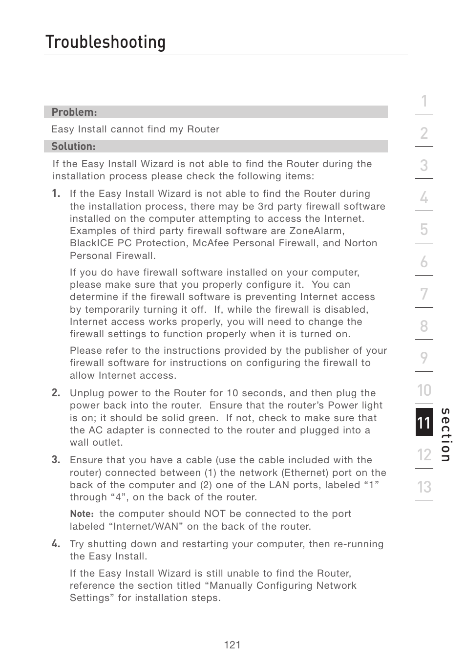 Troubleshooting, Se ct io n | Belkin F5D7231-4P User Manual | Page 123 / 146