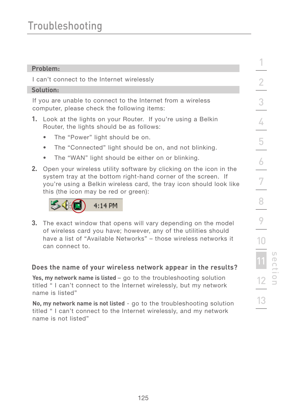 Troubleshooting, Se ct io n | Belkin F5D7231-4P User Manual | Page 127 / 146