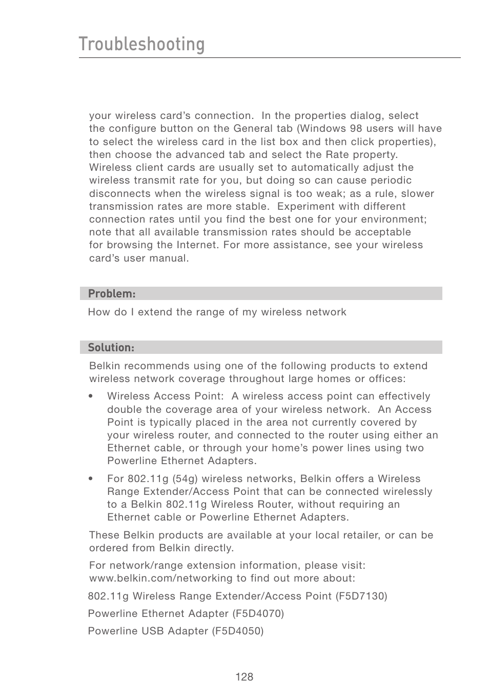 Troubleshooting | Belkin F5D7231-4P User Manual | Page 130 / 146