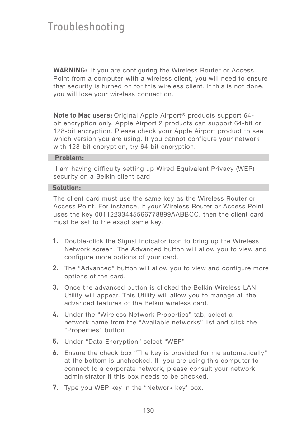 Troubleshooting, Se ct io n | Belkin F5D7231-4P User Manual | Page 132 / 146