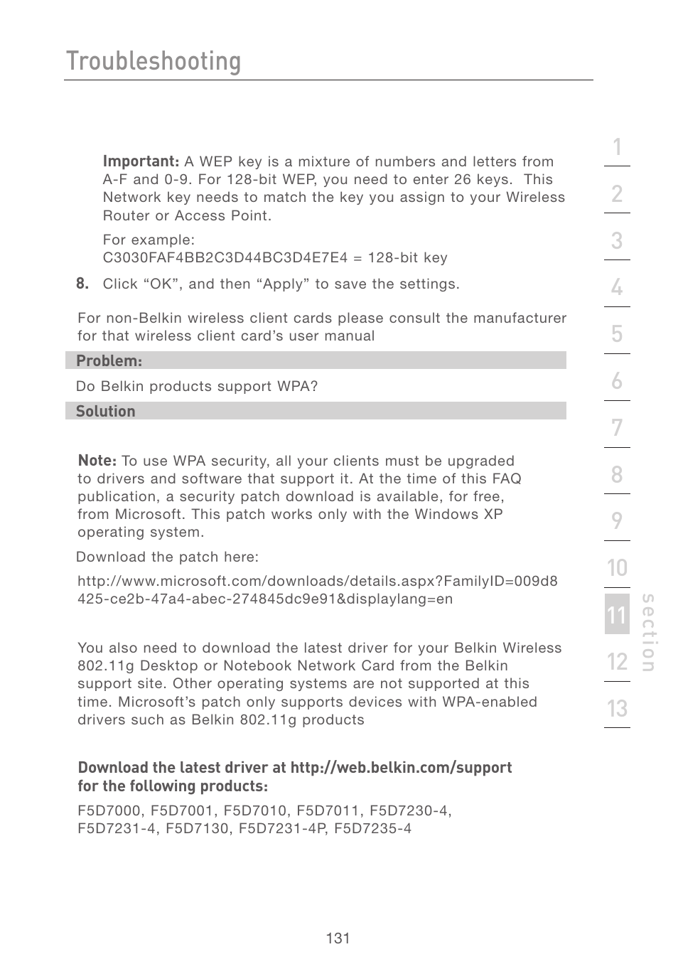 Troubleshooting, Se ct io n | Belkin F5D7231-4P User Manual | Page 133 / 146