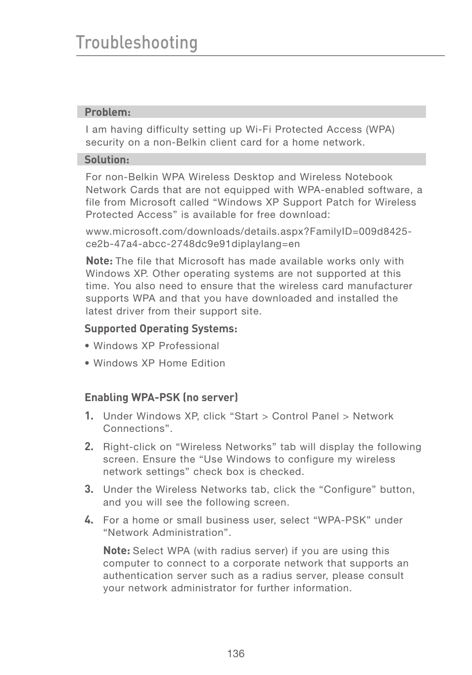 Troubleshooting, Se ct io n | Belkin F5D7231-4P User Manual | Page 138 / 146